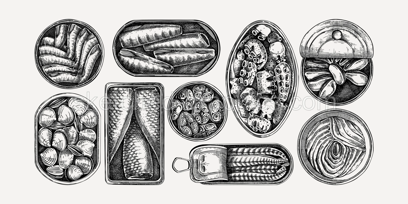 Hand-drawn canned fish and shellfish illustrations collection. Sardines, anchovy, mackerel, tuna, and mussels in tin cans sketches set in engraved style. Healthy food vector drawings in vintage style Illustration